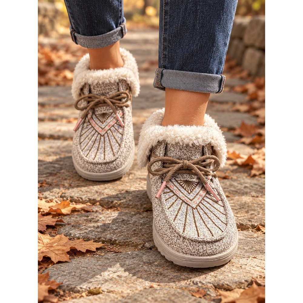 HEYDUDE Britt Boho Cozy Booties Women's Size 9 Faux Fur Cuff Lace-Up